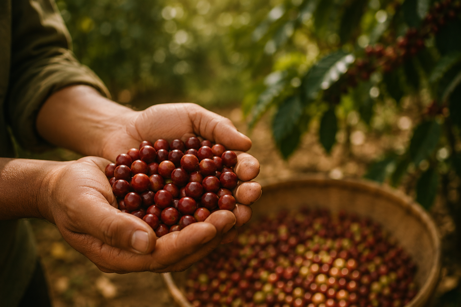 Handen met rijpe koffiebessen bij de plek waar koffie groeit